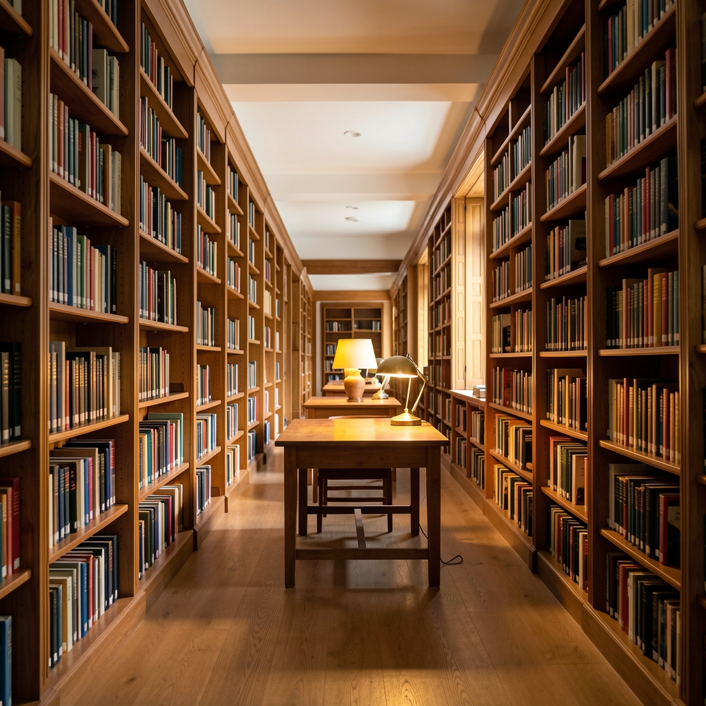 Interior of a quiet library with tall wooden shelves filled with books, a reading lamp casting warm yellow light on a table, long perspective down the aisle