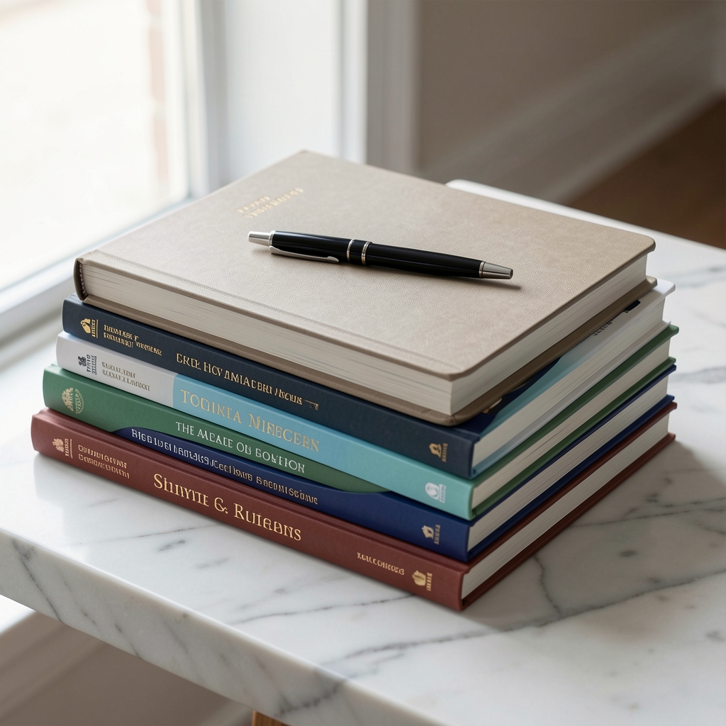Neatly arranged stack of academic journals and notebooks on a light marble surface, a pen resting on top, representing organized research and editorial rigor