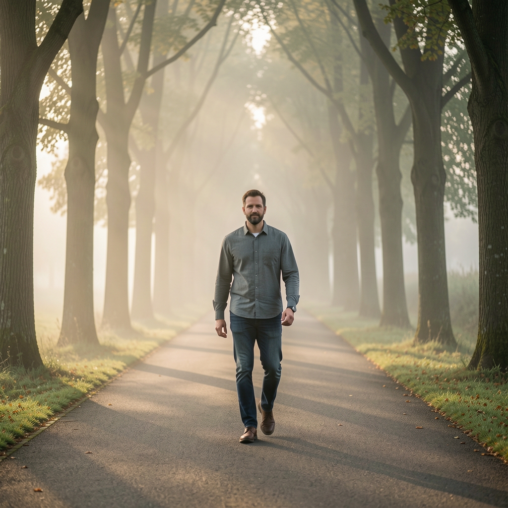 Man walking alone on a quiet tree-lined path in early morning light, mist visible between trees, calm and purposeful atmosphere representing daily routine