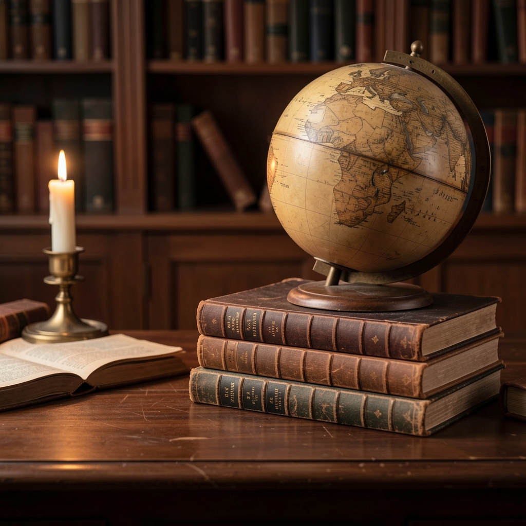 Aged antique globe and stacked old leather-bound books on a dark wooden desk, warm candlelight from the side, representing historical scholarship and the passage of time