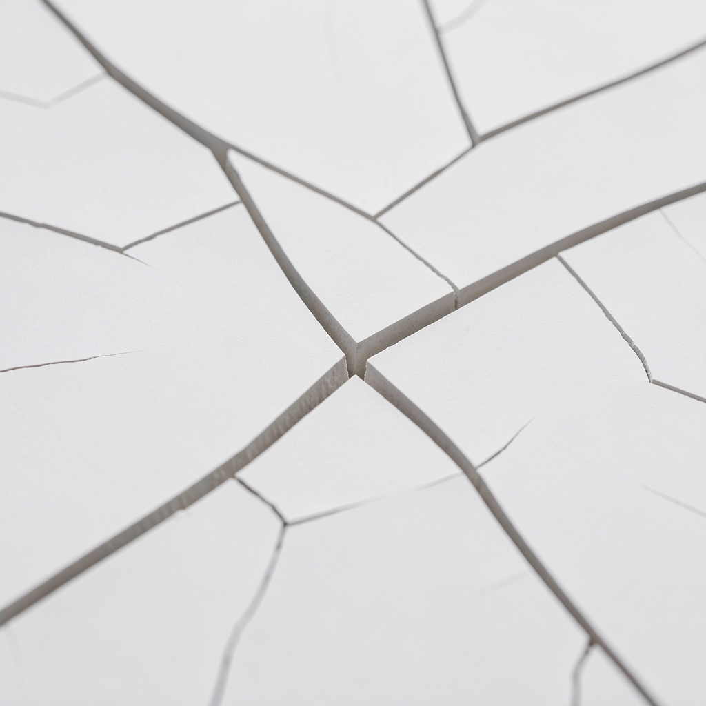 Abstract close-up of a cracked geometric glass surface refracting light into multiple overlapping prismatic patterns, symbolizing complexity and multiple interpretations of a single subject