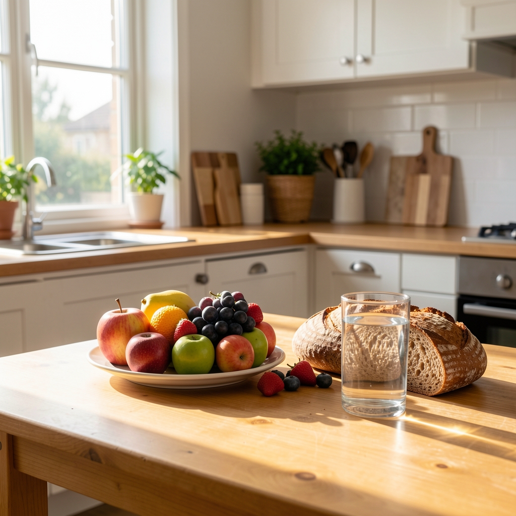 Calm morning kitchen scene with fresh fruit, whole grain bread, and a glass of water on a bright wooden table, sunlight streaming through a window