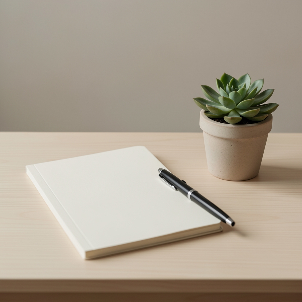Calm minimalist desk scene with a blank notebook, a carefully placed pen, and a small potted succulent plant, soft neutral background, quiet and thoughtful atmosphere
