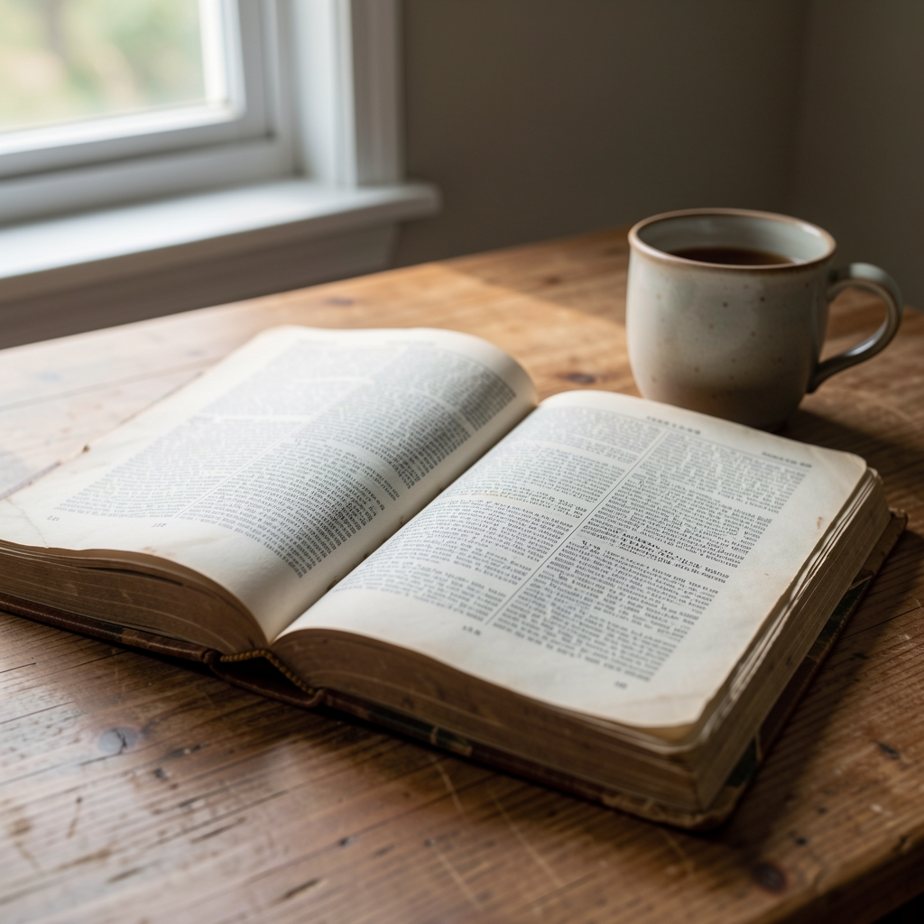 Close-up of open pages of a well-worn reference book resting on a wooden desk beside a ceramic cup, soft natural window light casting gentle shadows